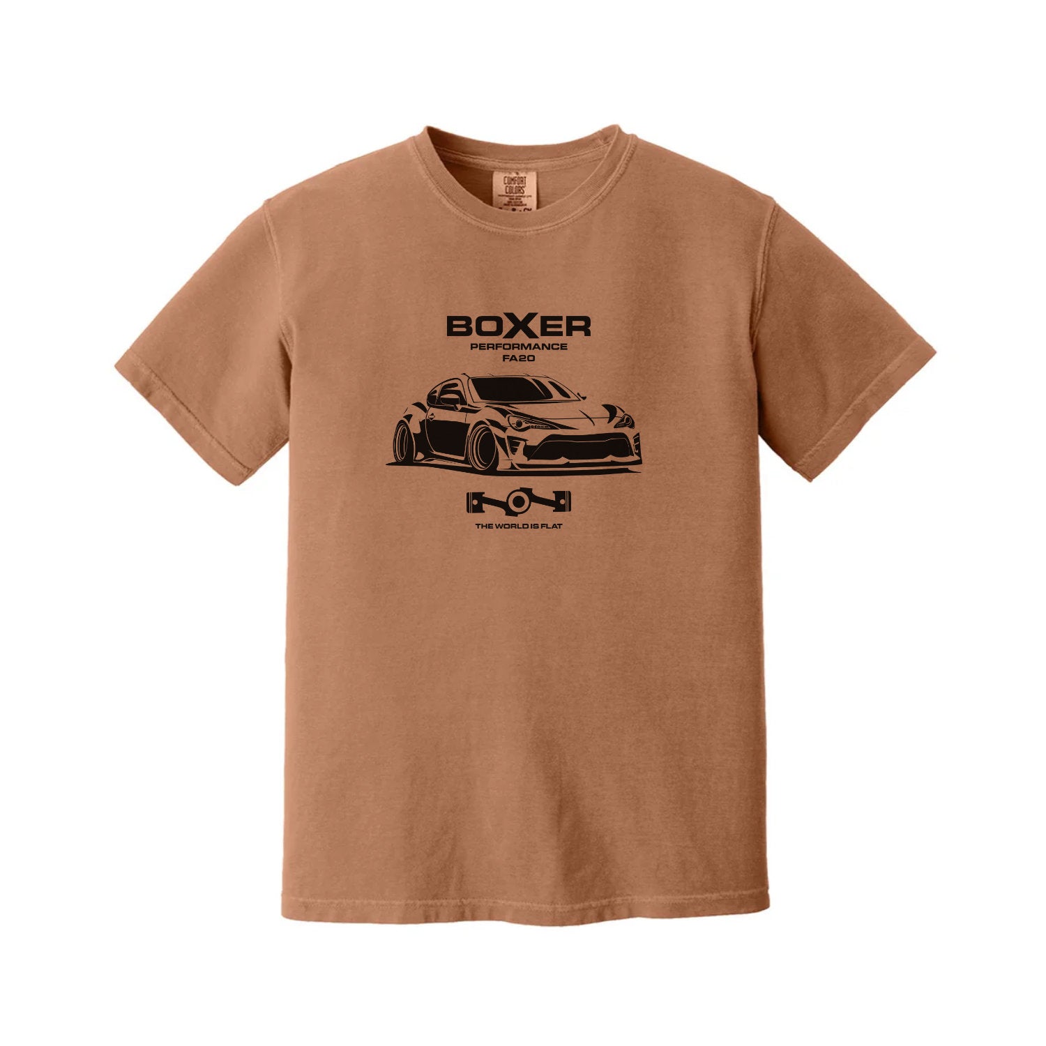 Brown t-shirt with black graphic and text on a white background