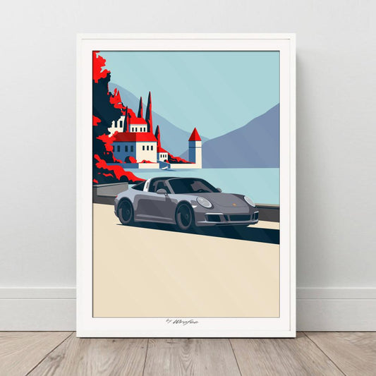 Porsche 911 Targa by Lake Como Wall Art Print Canvas Painting Poster