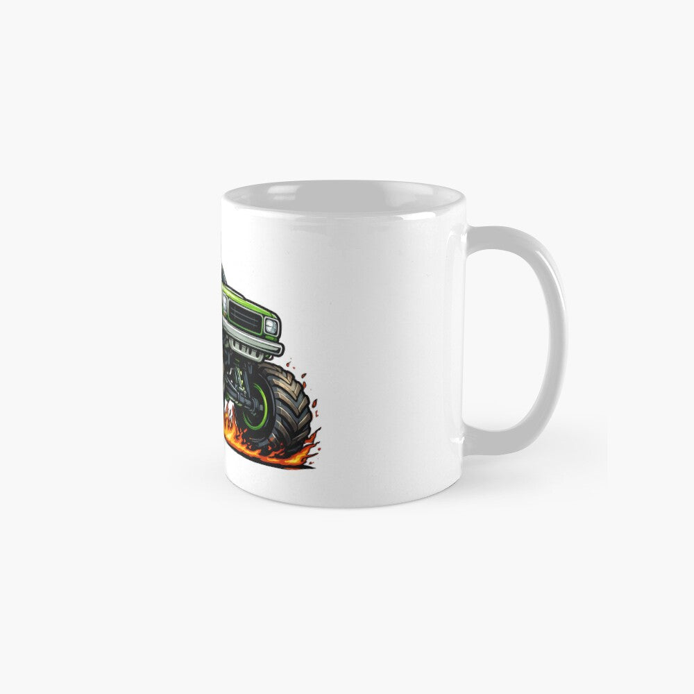 White mug with a graphic of a monster truck