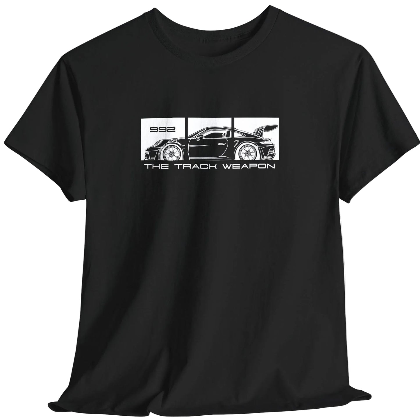Black t-shirt with a 911 GT3 RS graphic and The Track Weapon text on a white background