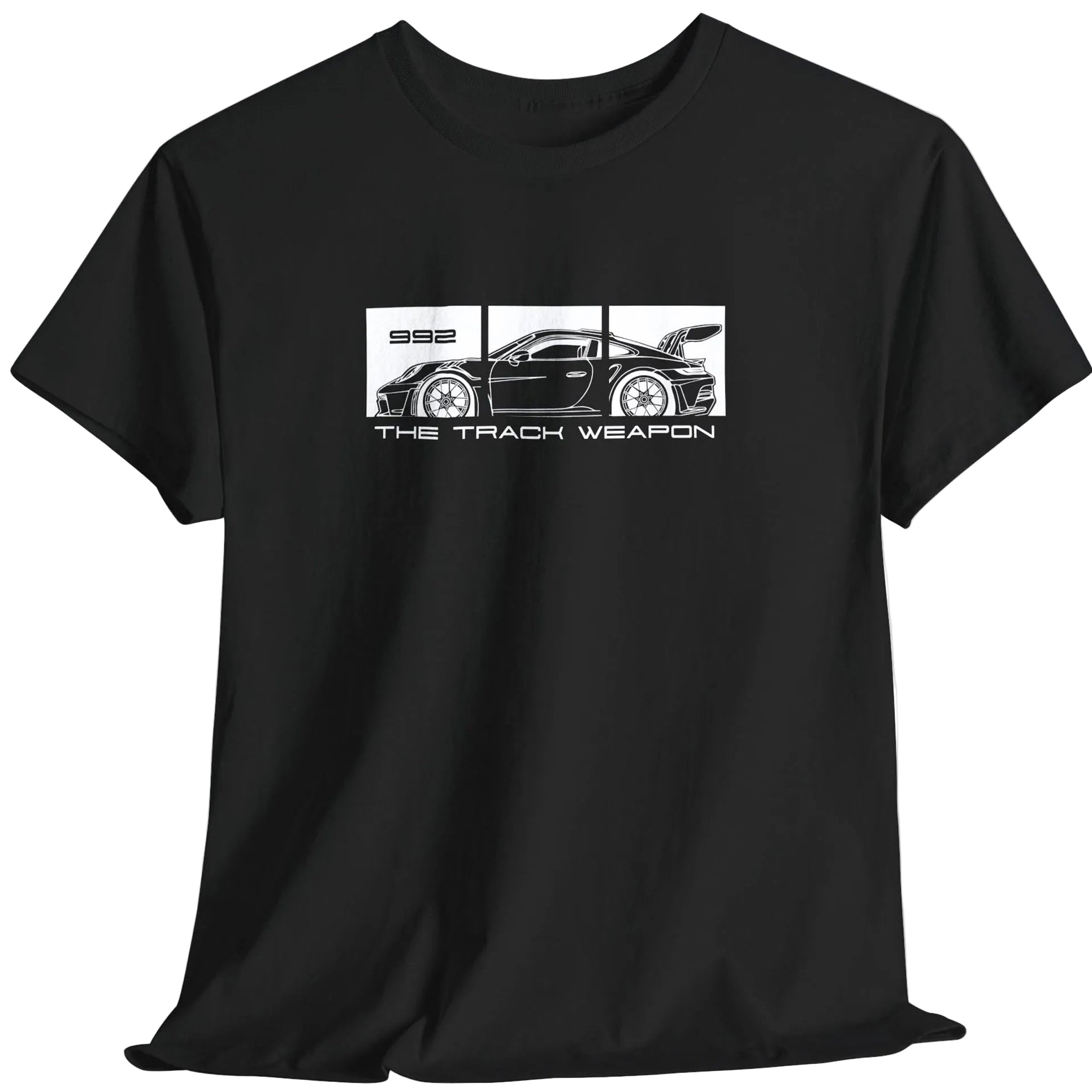 Black t-shirt with a 911 GT3 RS graphic and The Track Weapon text on a white background
