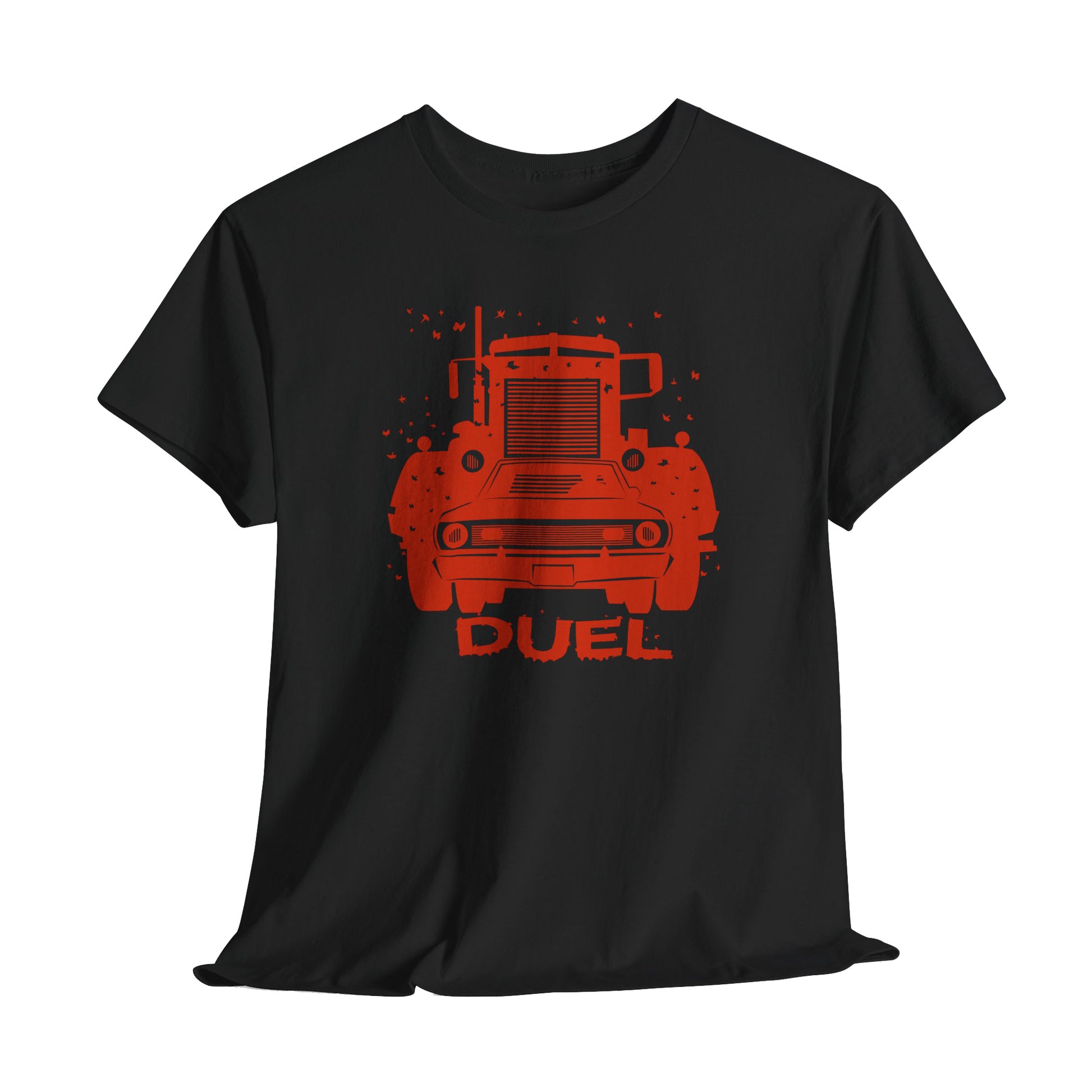 Black t-shirt with red truck graphic and 'DUEL' text on a white background