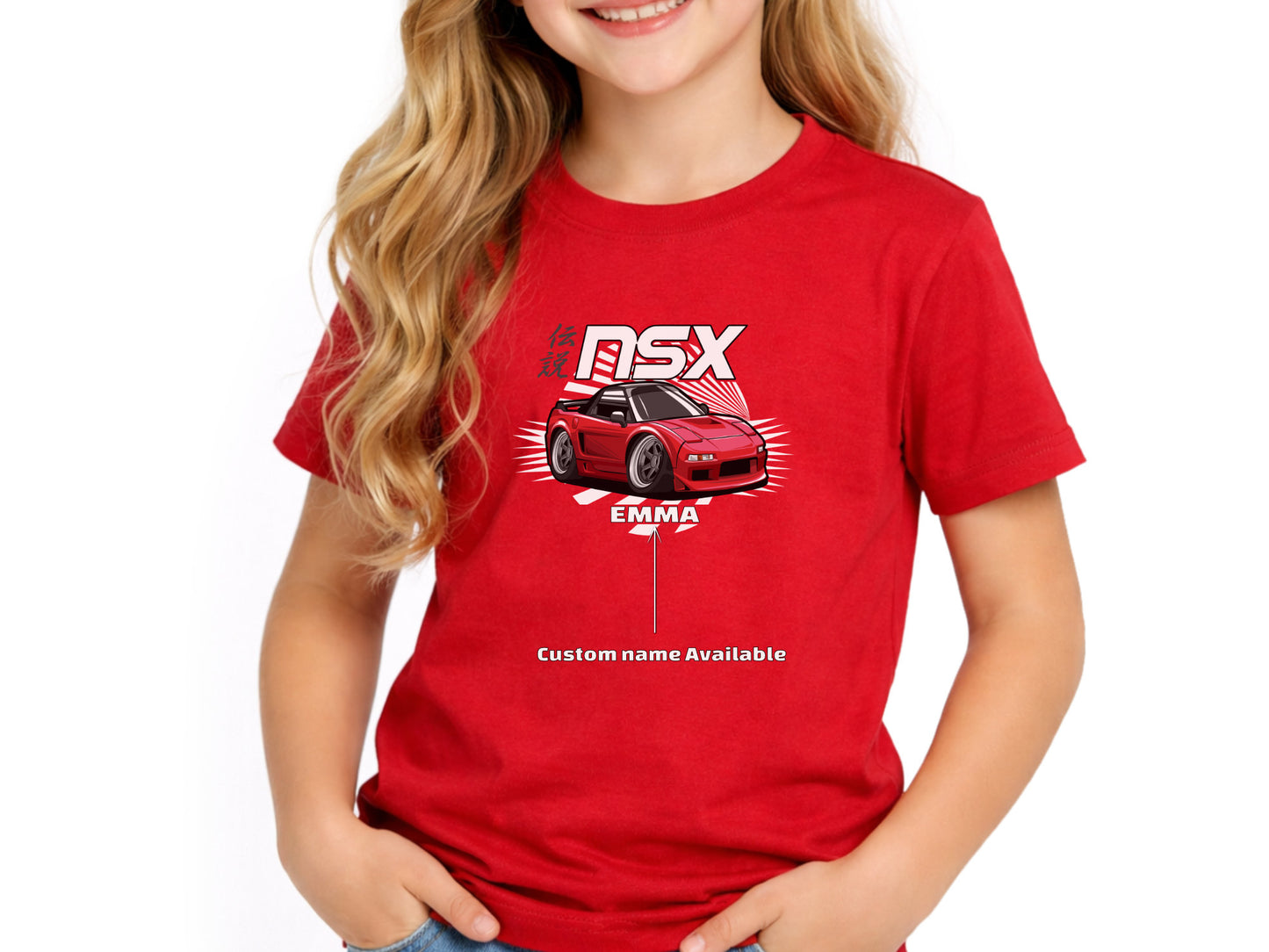 Child wearing a red t-shirt with a car graphic and text on a white background