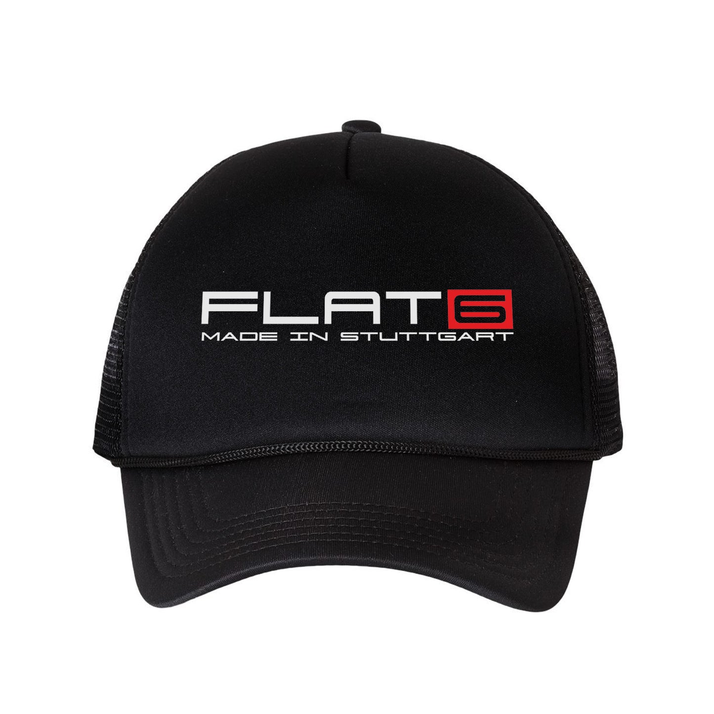 Black cap with 'FLAT6 Made in Stuttgart' logo on a white background