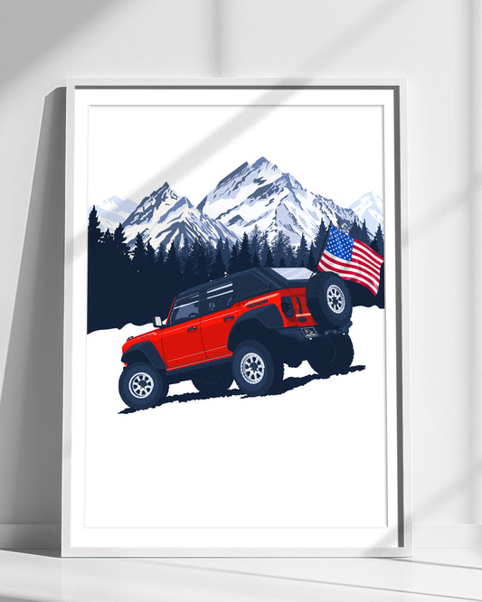4x4 Bronco illustration in red with stars and stripes USA theme