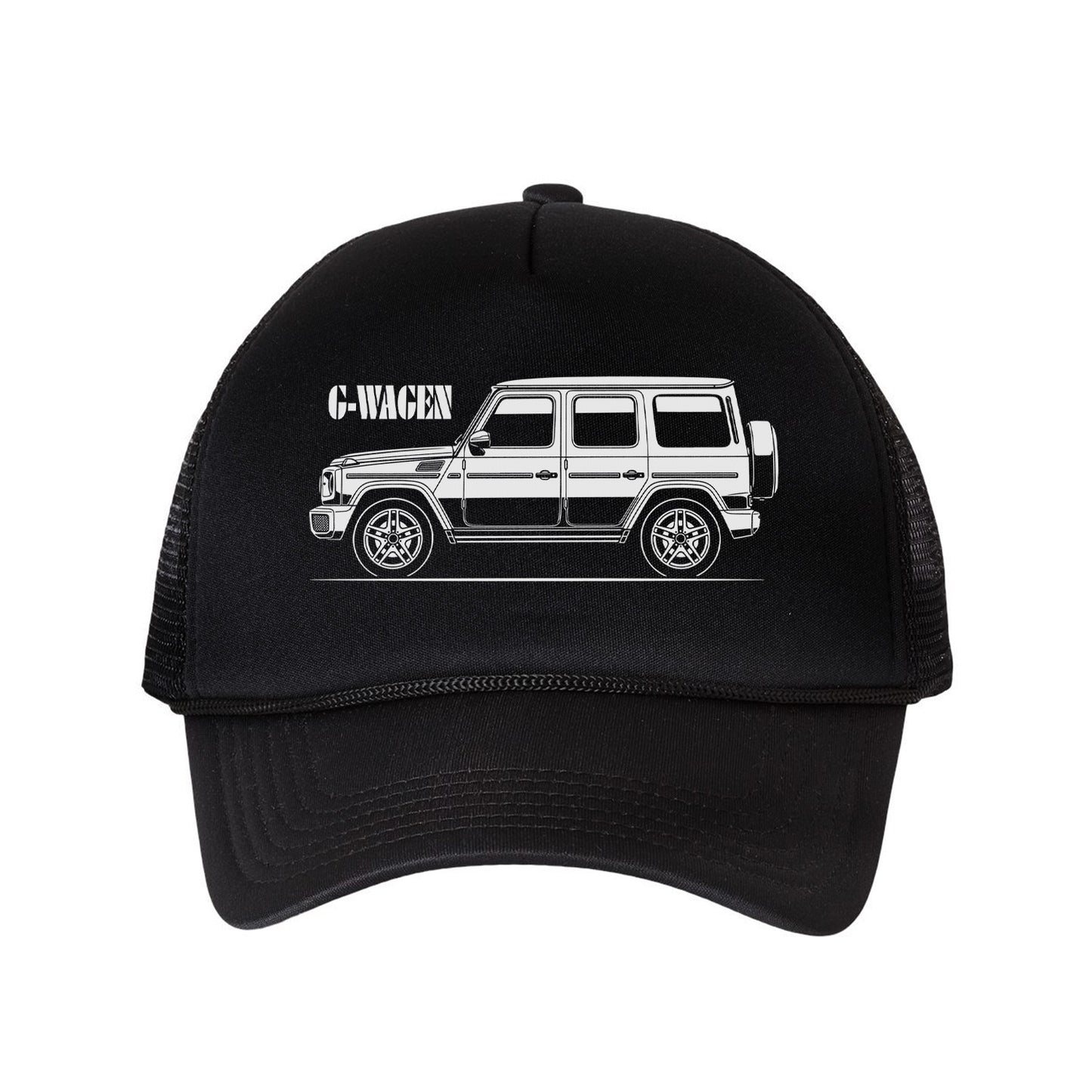 Black cap with white graphic of a car and 'G-WAGEN' text on a white background