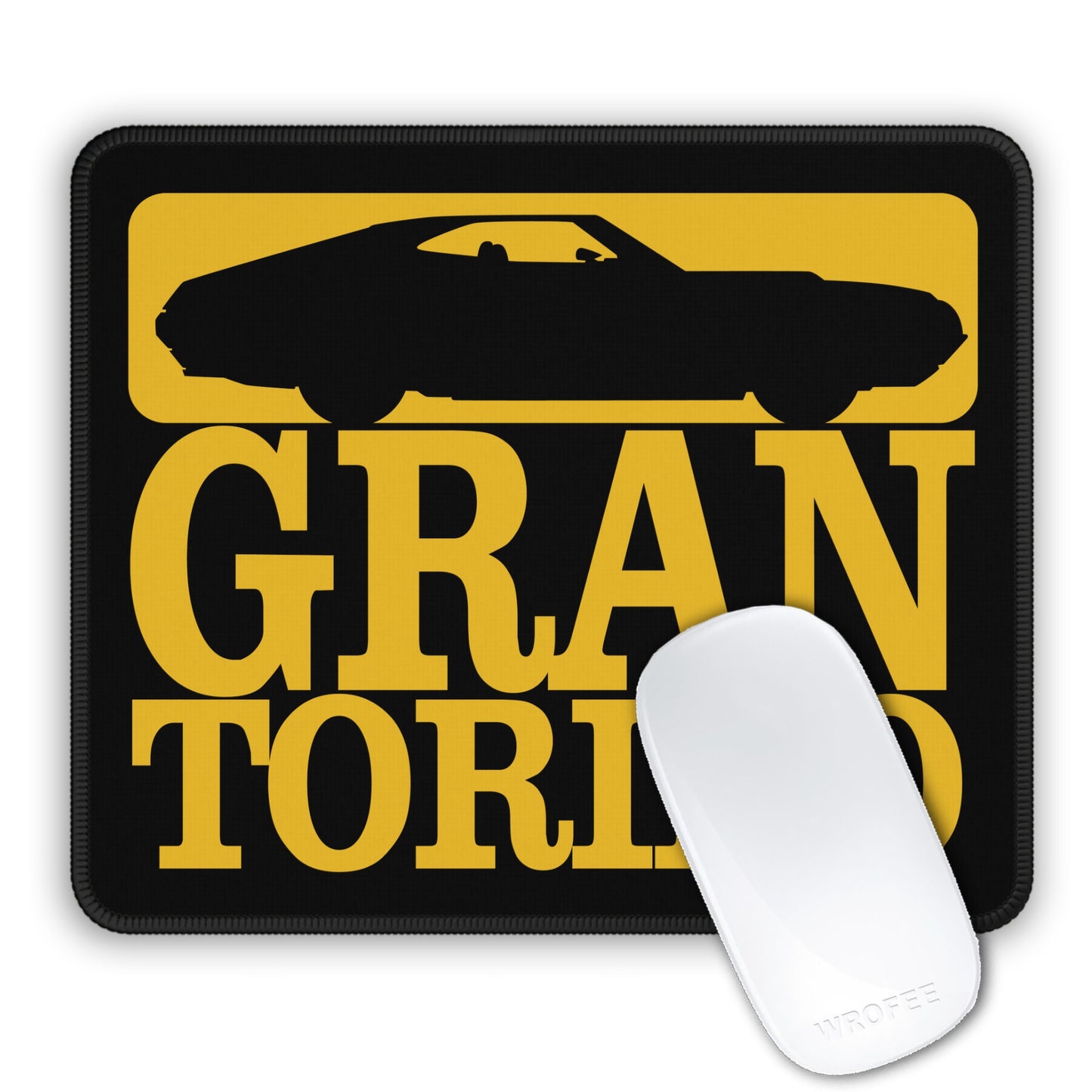 Mouse pad with 'Gran Torino' design featuring a car silhouette on a white background