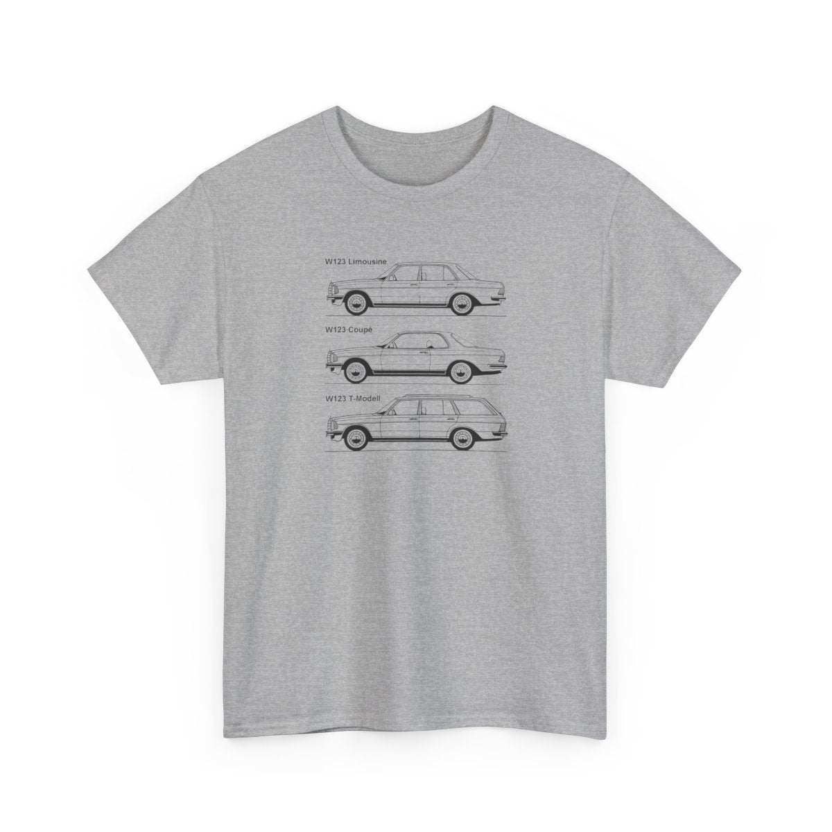 W123 Evolution Shirt - German Classic Car Technical Art Tee - Limousine Coupe Wagon Unisex Automotive Graphic Apparel