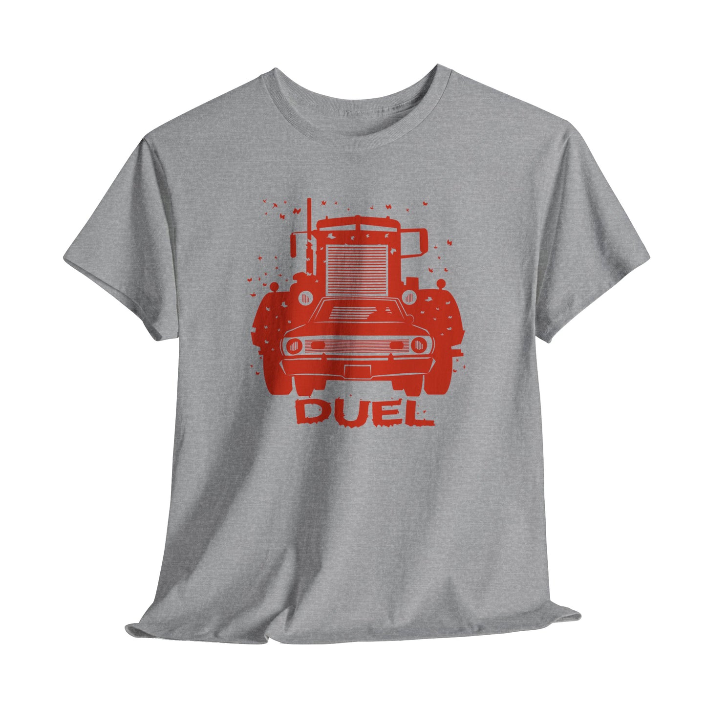 Gray t-shirt with red truck graphic and 'DUEL' text on a white background