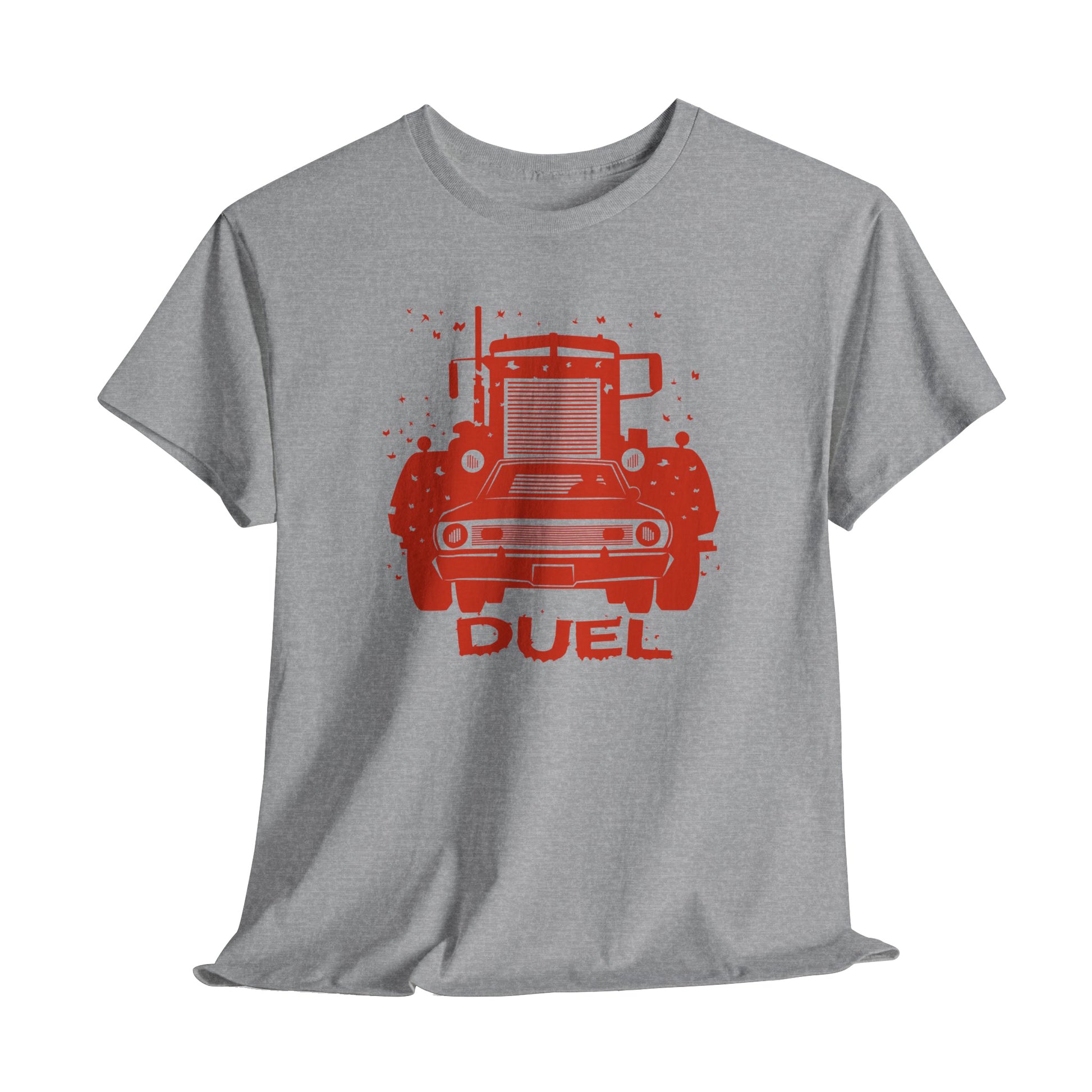 Gray t-shirt with red truck graphic and 'DUEL' text on a white background