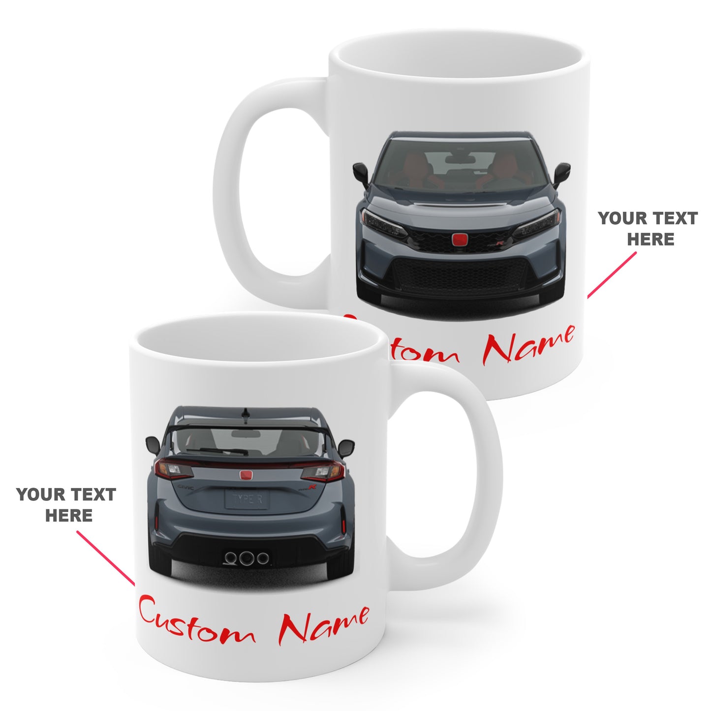 Mug with Civic fl5 type r design and customizable text on a white background