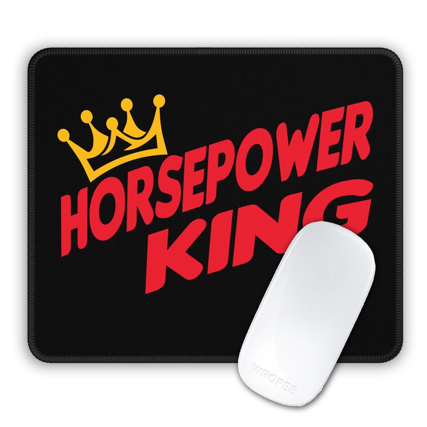 Mouse pad with 'Horsepower King' text and crown logo on a black background