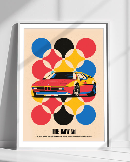 M1 classic car art print in vibrant red, highlighting the legendary design and motorsport heritage of the M division.