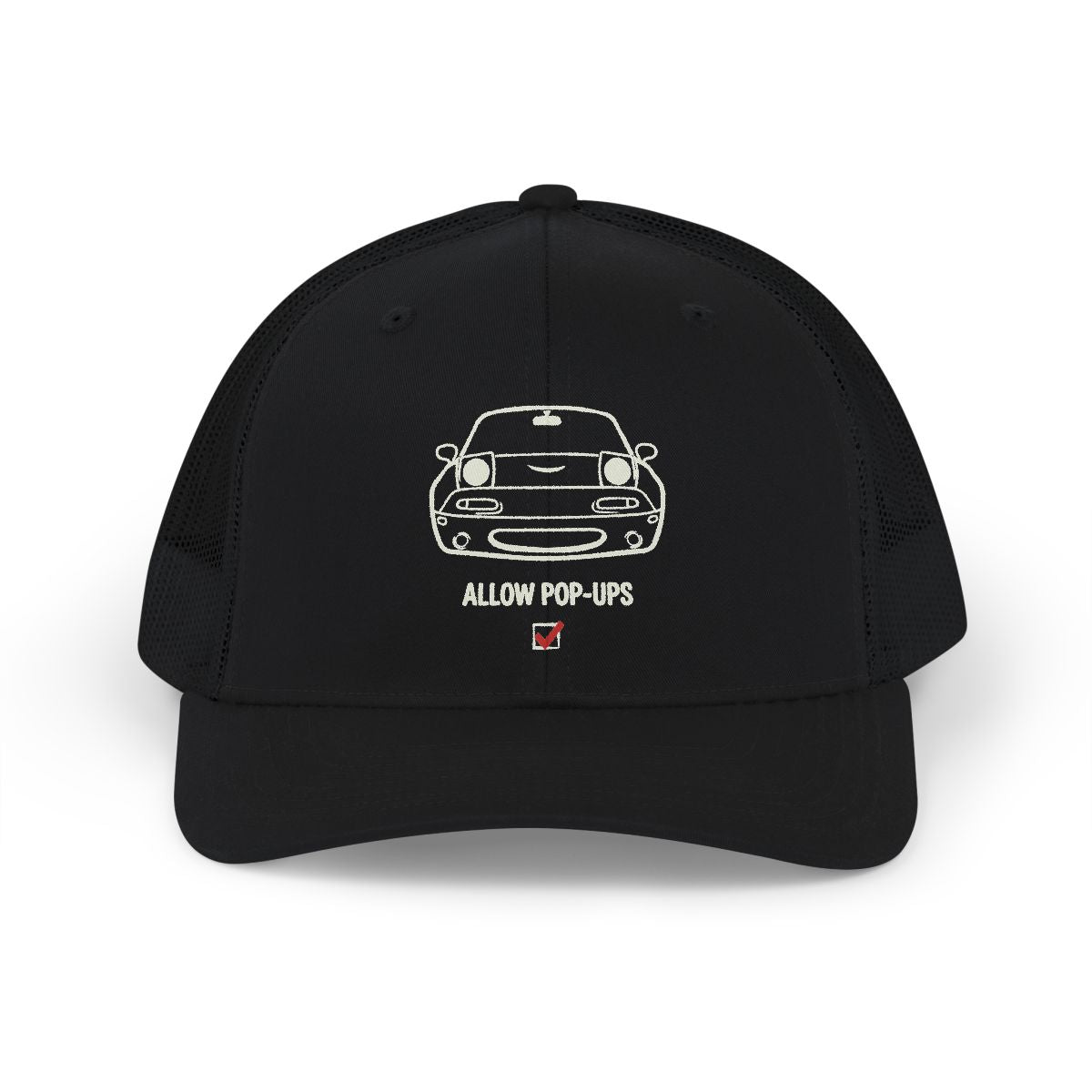 NA Miata JDM Car Trucker Hat - Allow Pop-Ups Funny Automotive Enthusiast Snapback - Retro 90s Roadster DTF Print Mesh Cap Gift