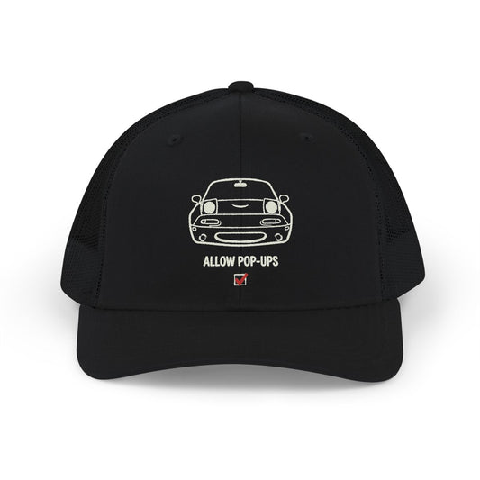 NA Miata JDM Car Trucker Hat - Allow Pop-Ups Funny Automotive Enthusiast Snapback - Retro 90s Roadster DTF Print Mesh Cap Gift