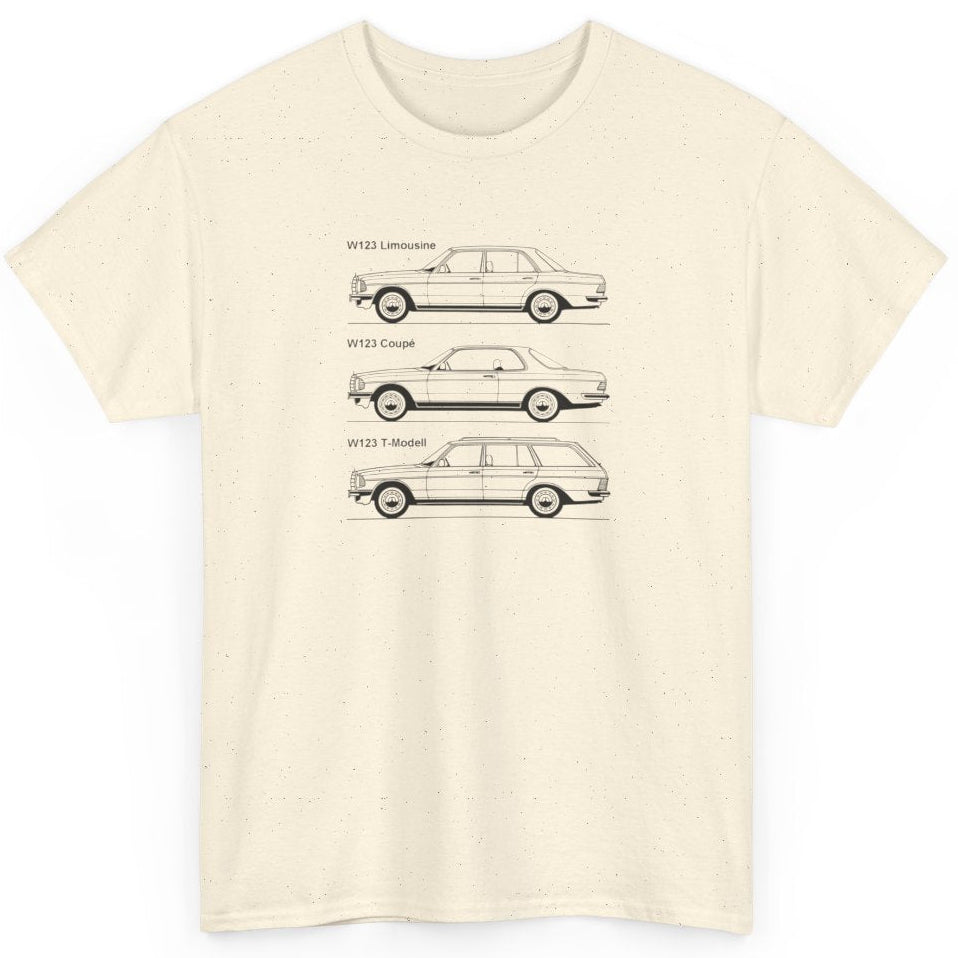 Natural color t-shirt with W123 classic car illustrations