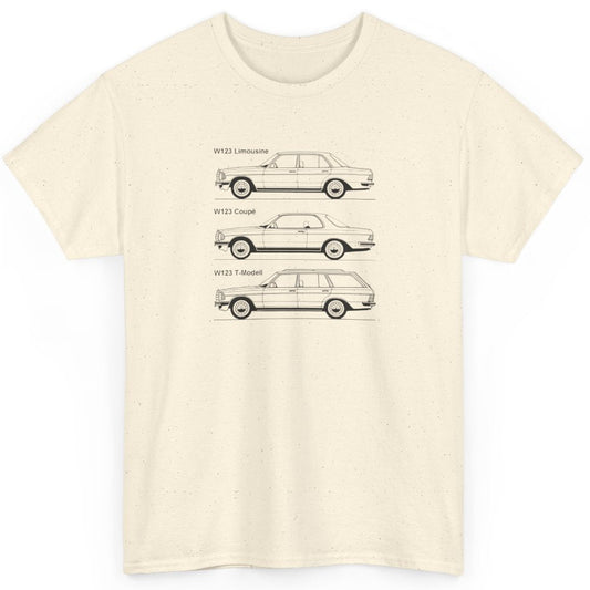 Natural color t-shirt with W123 classic car illustrations