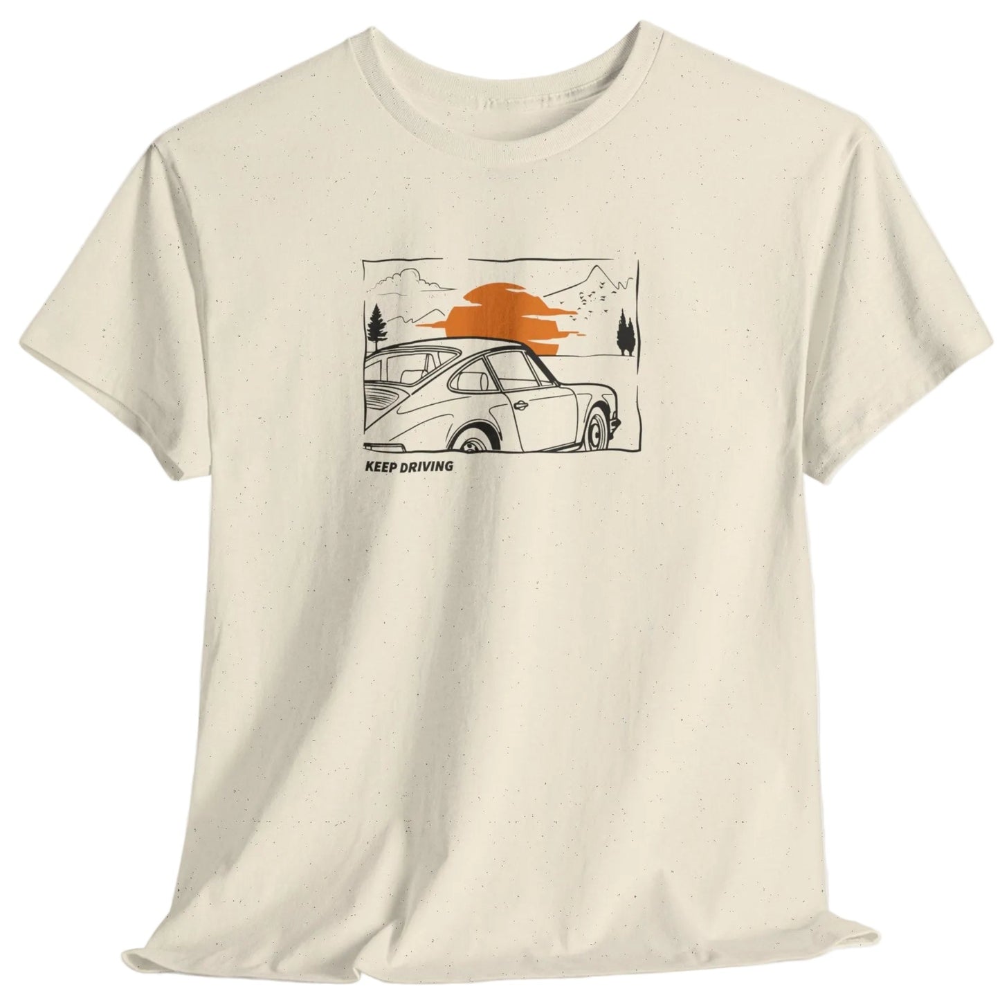 t-shirt with a graphic print of a white classic 911 sports car, mountains, trees, and an orange sun, with the text 'KEEP DRIVING below the car.