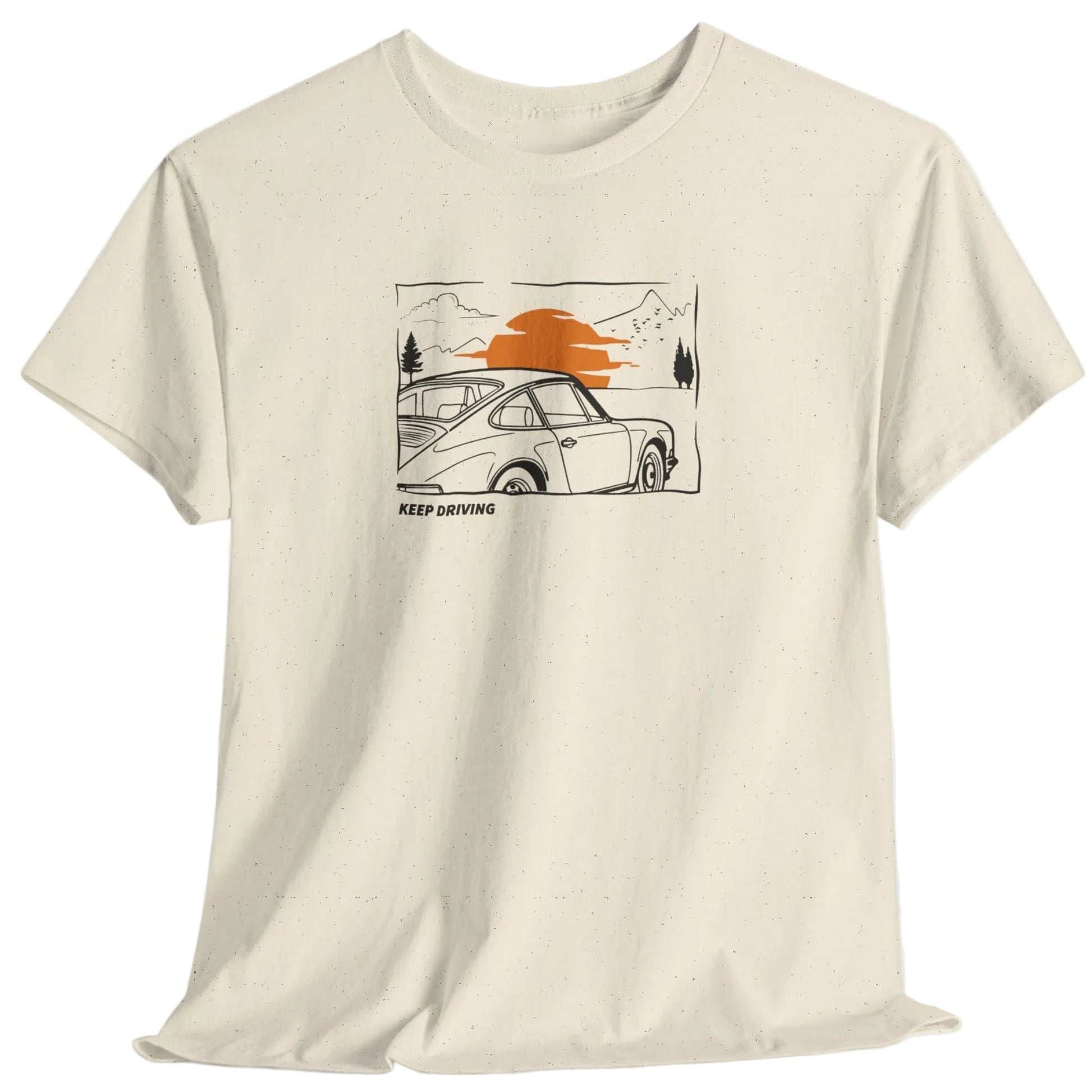 t-shirt with a graphic print of a white classic 911 sports car, mountains, trees, and an orange sun, with the text 'KEEP DRIVING below the car.