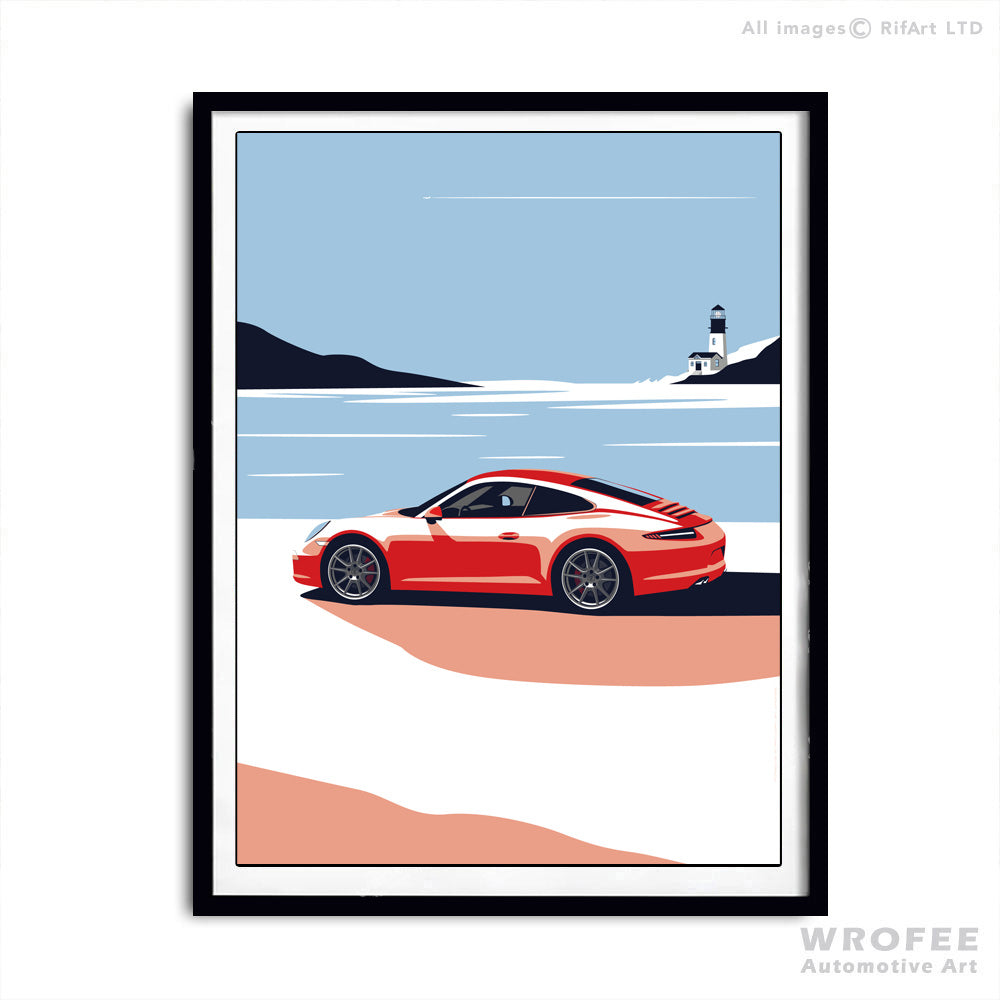 Porsche 911 991 at the beach lighthouse car wall art decor print poster canvas office garage