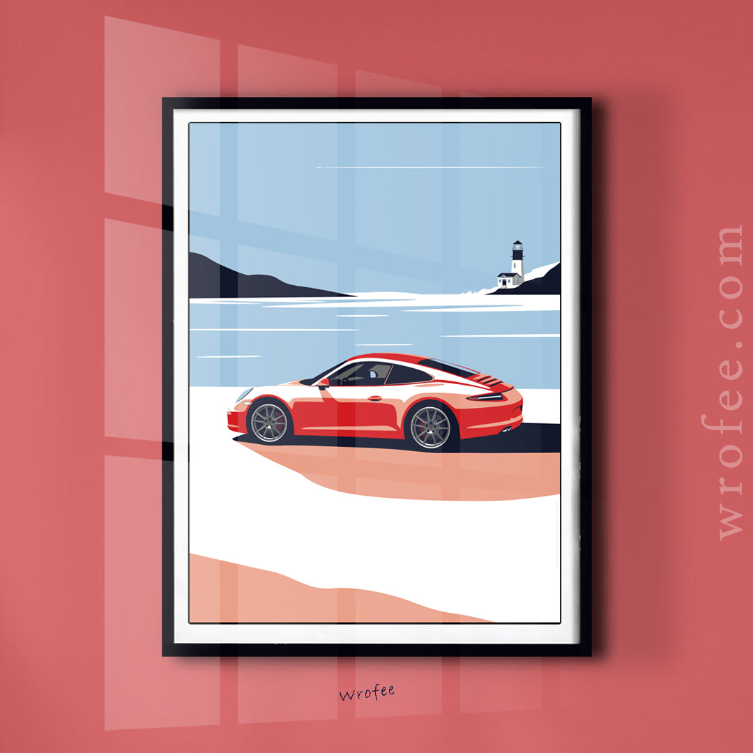 911 Carrera S & Lighthouse Car Wall Art Poster