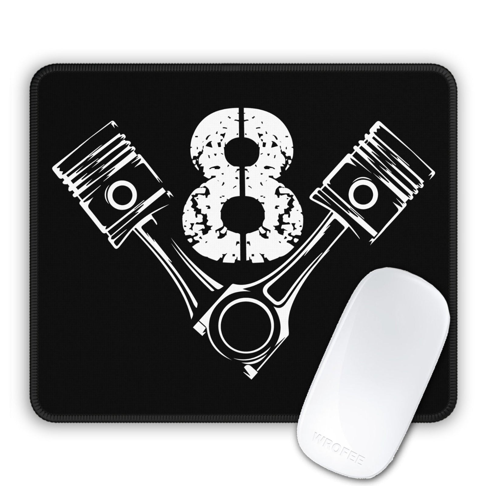 Mouse pad with piston design and number V8, featuring a white mouse on a black background.