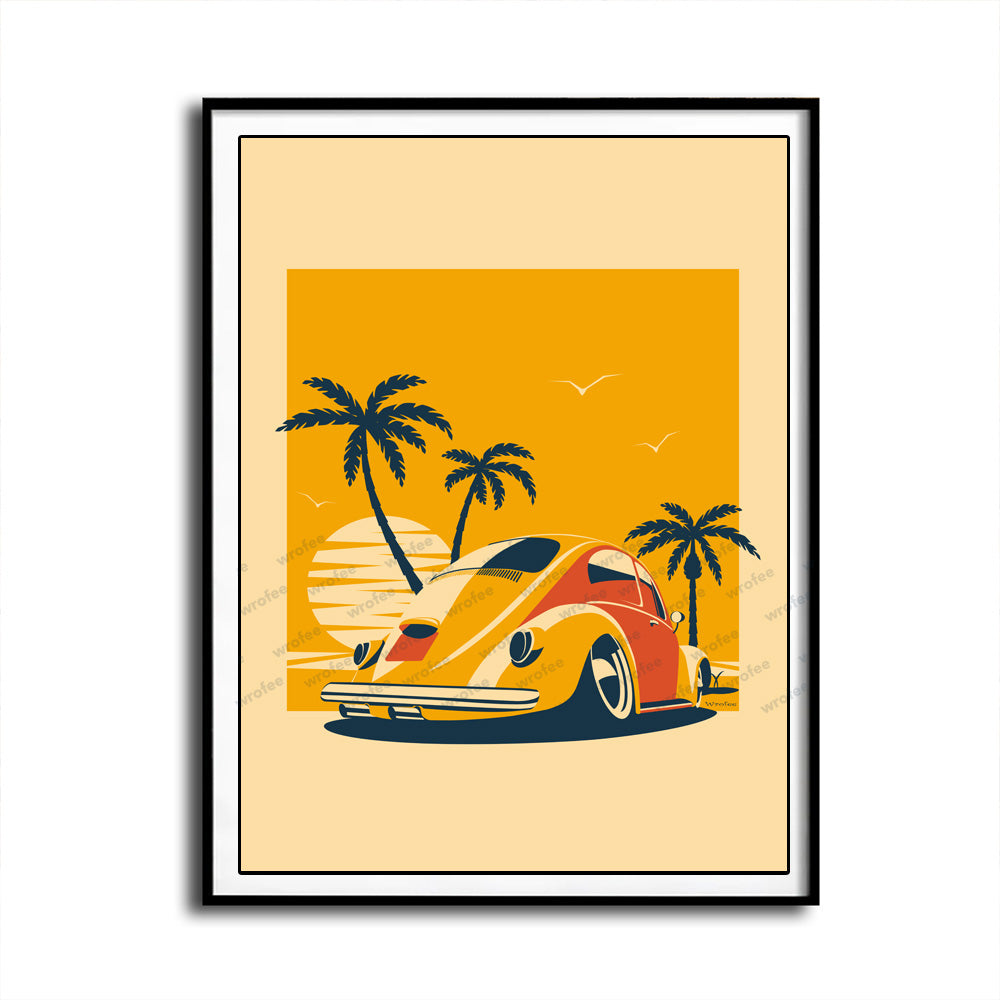 Vintage Car Beetle on the Beach Car Wall Art Print