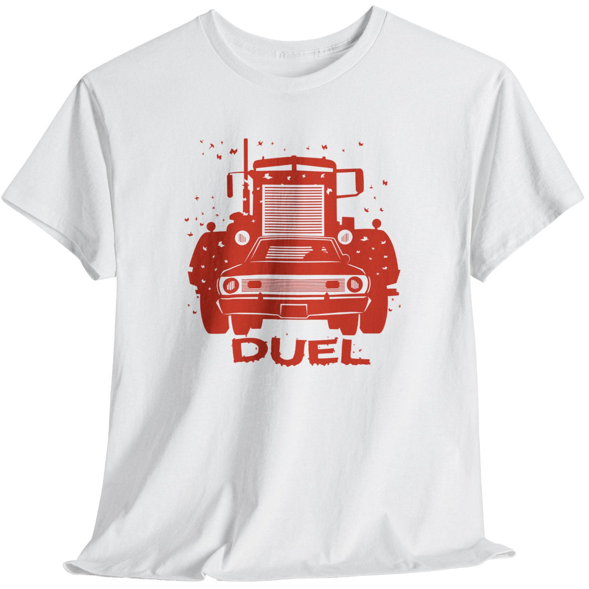 White t-shirt with red truck graphic and 'DUEL' movie text on a white background