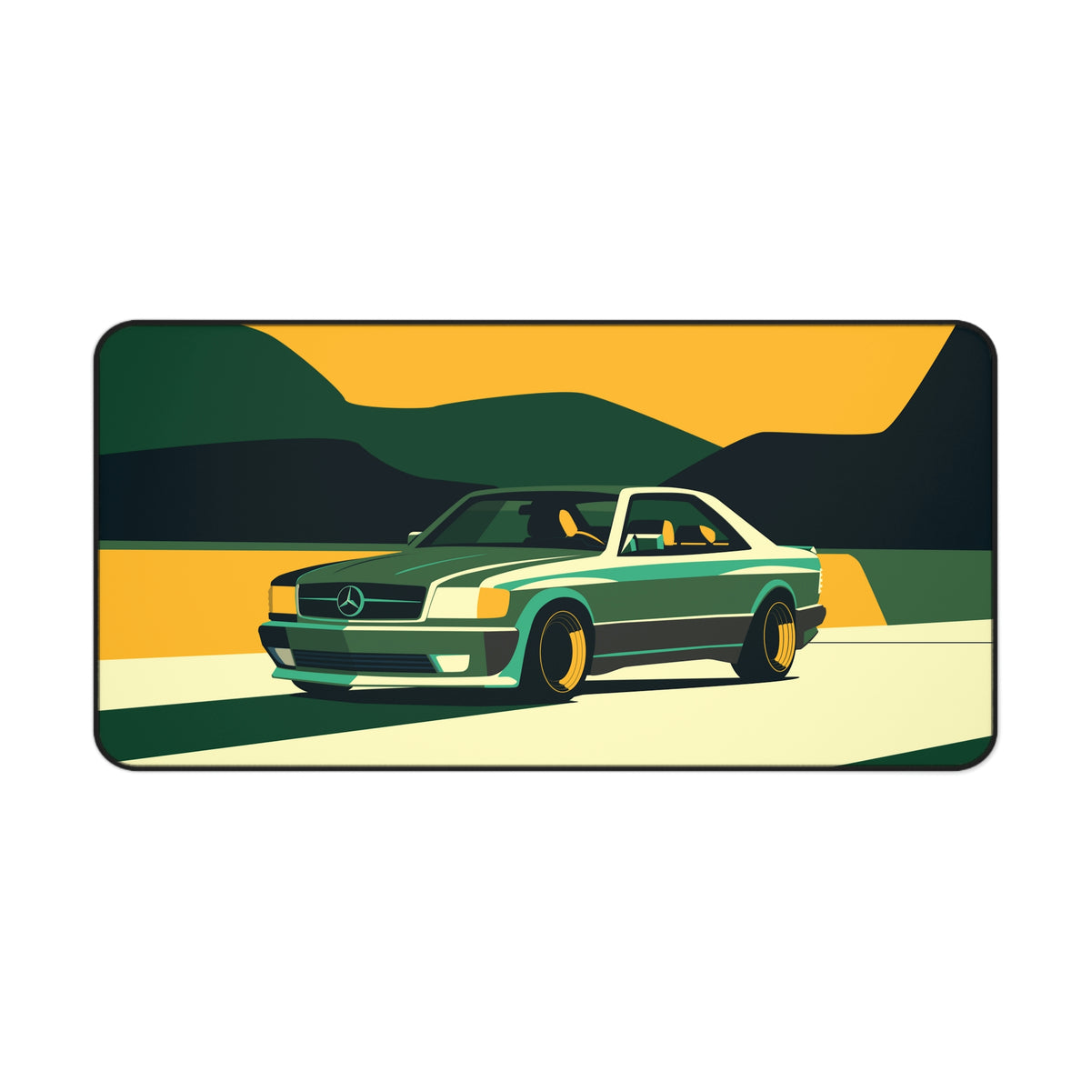 A large mouse pad featuring a vibrant print of a classic C126 Mercedes-Benz car on a green and yellow background with a mountainous landscape.