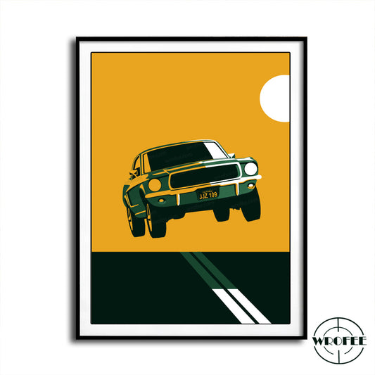 green ford mustang vintage muscle car bullit art poster