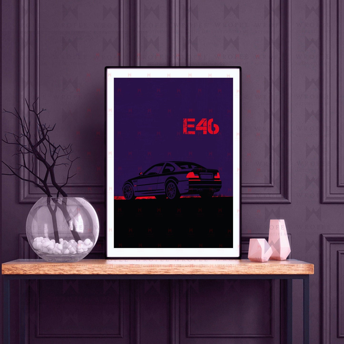 Vintage BMW M3 E46 minimal art print on a desk