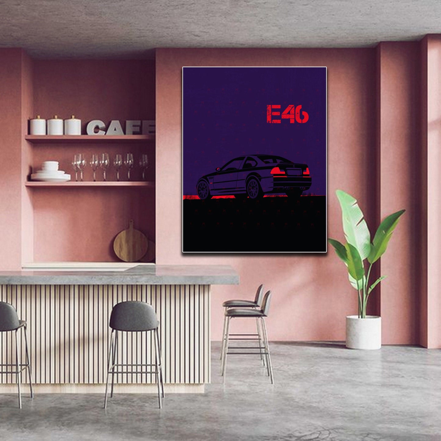 Retro car BMW E46 Print on a wall in a Cafe