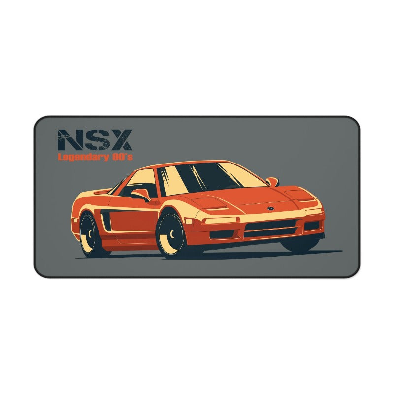 A mouse pad featuring a vintage orange Honda NSX car illustration on a gray background with the text 'NSX Legendary Racer' at the top.