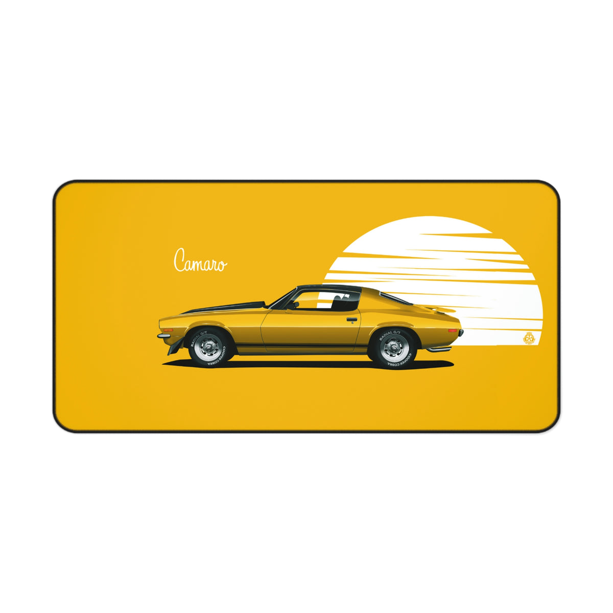 A large rectangular mouse pad featuring a vibrant illustration of a yellow retro muscle car, the Camaro, with a sunset background and the word 'Camaro' at the top.