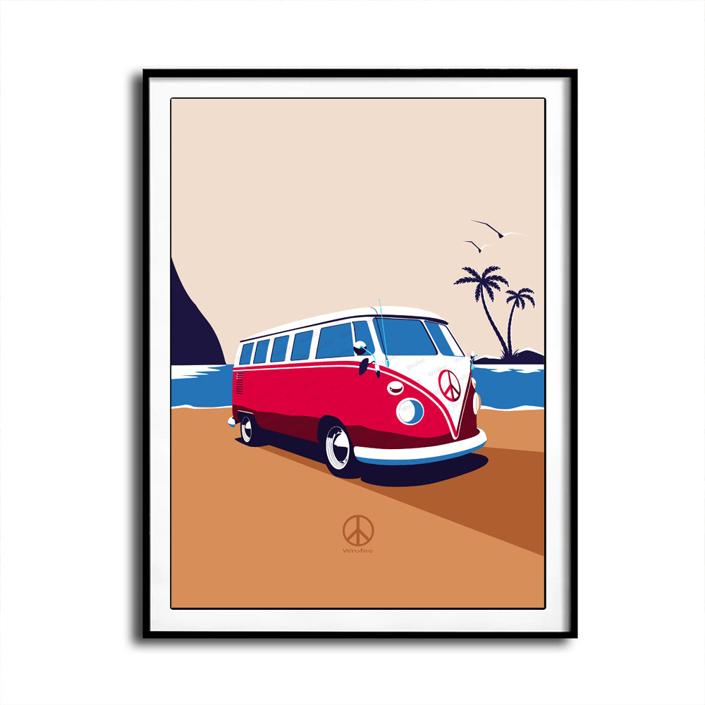 Vintage VW Bus Van at the beach Art Print